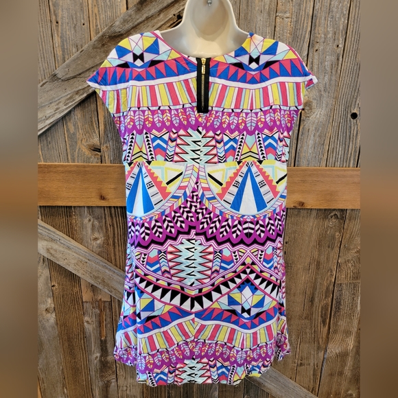 Uncle Frank Multi-Colored Print Geo Shift Dress S 100% Rayon Pockets Summer ^ - Picture 3 of 8